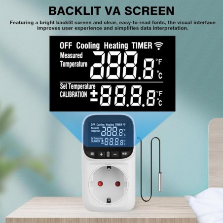 Priza termostat WiFi SINOTIMER STC-916W-EU, 16A, 230V, control temperatura incalzire/racire, senzor extern, timer, aplicatie